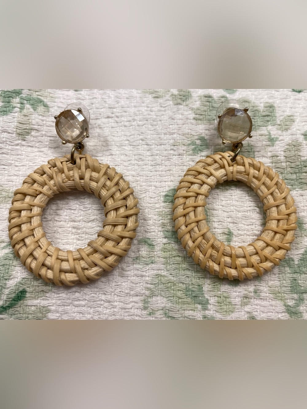 Woven Rattan Hoop Crystal Drop Statement Earrings